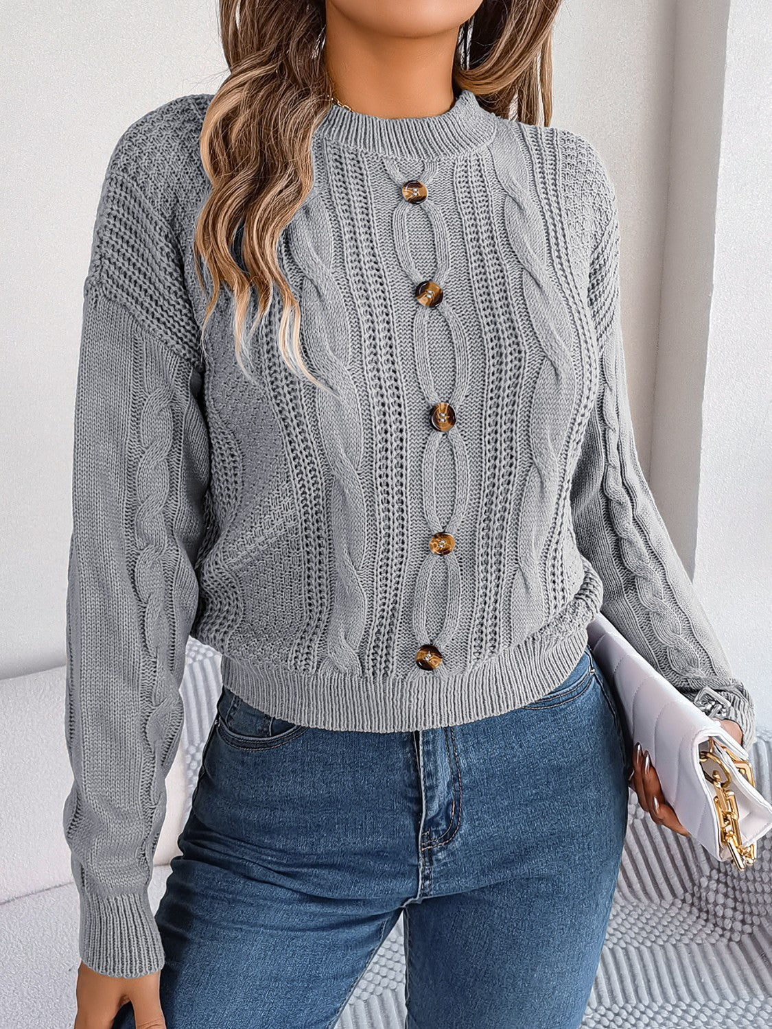 Cable - Knit Buttoned Round Neck Sweater | Trending Chic NZ