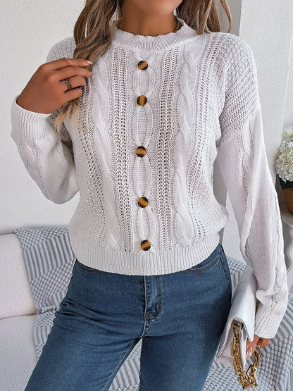 Cable - Knit Buttoned Round Neck Sweater | Trending Chic NZ