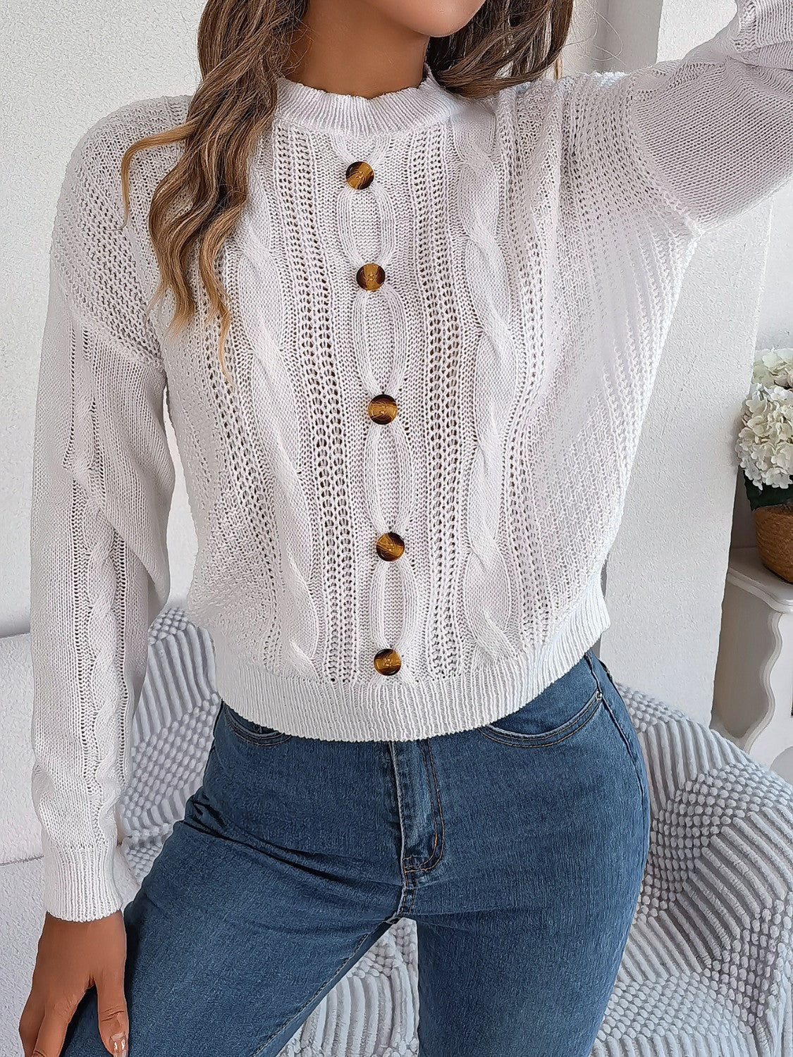 Cable - Knit Buttoned Round Neck Sweater | Trending Chic NZ