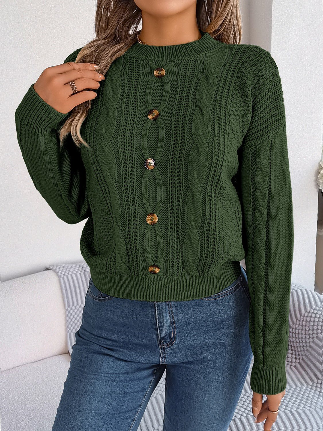 Cable - Knit Buttoned Round Neck Sweater | Trending Chic NZ