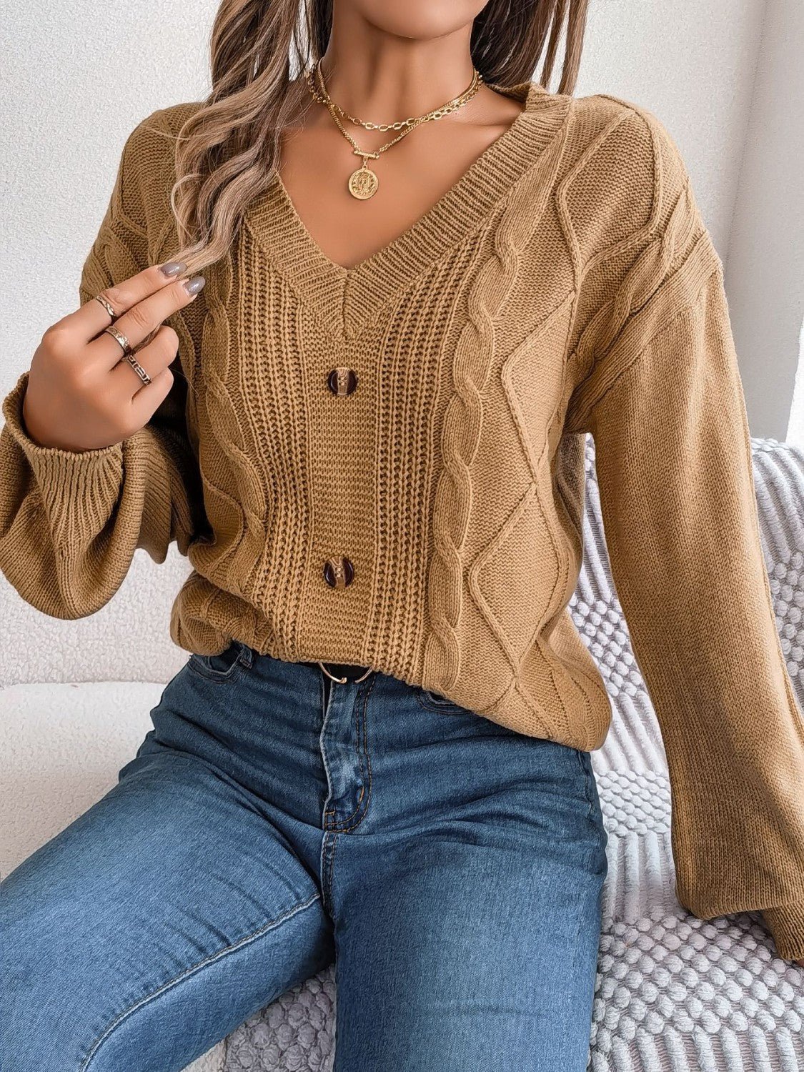 Cable - Knit Buttoned V - Neck Sweater | Trending Chic NZ