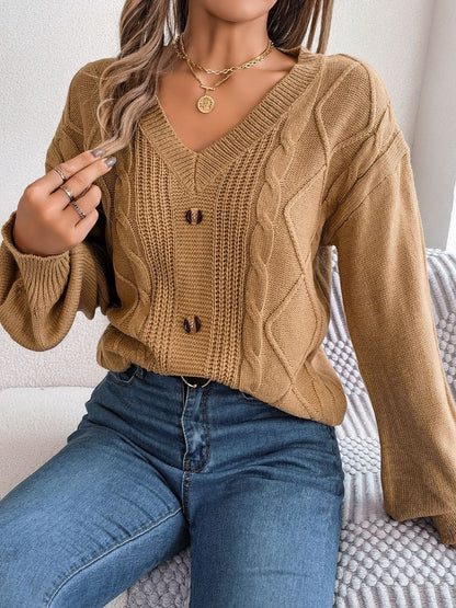 Cable - Knit Buttoned V - Neck Sweater | Trending Chic NZ