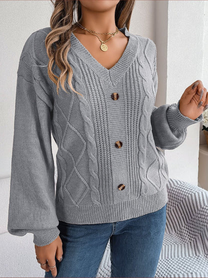 Cable - Knit Buttoned V - Neck Sweater | Trending Chic NZ