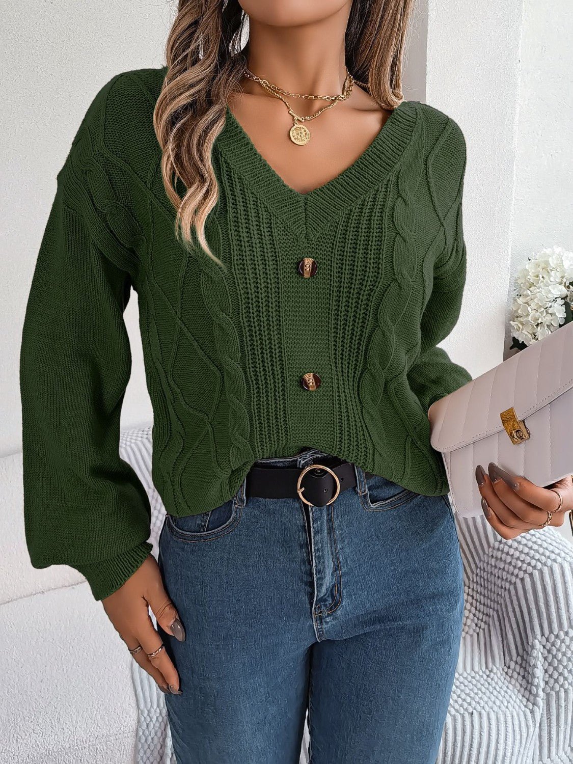 Cable - Knit Buttoned V - Neck Sweater | Trending Chic NZ