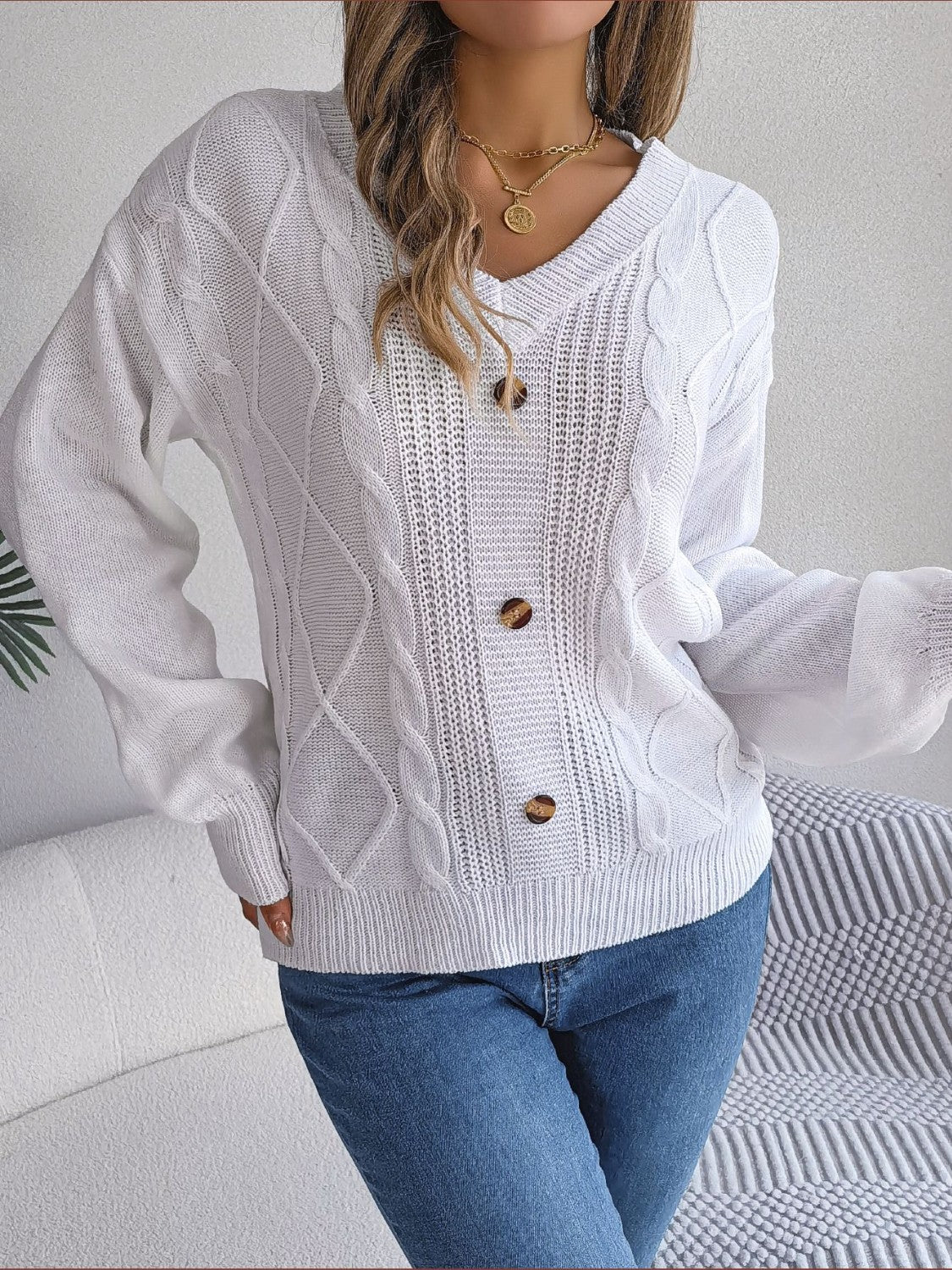 Cable - Knit Buttoned V - Neck Sweater | Trending Chic NZ