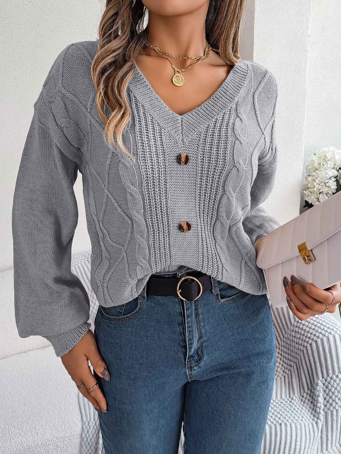 Cable - Knit Buttoned V - Neck Sweater | Trending Chic NZ