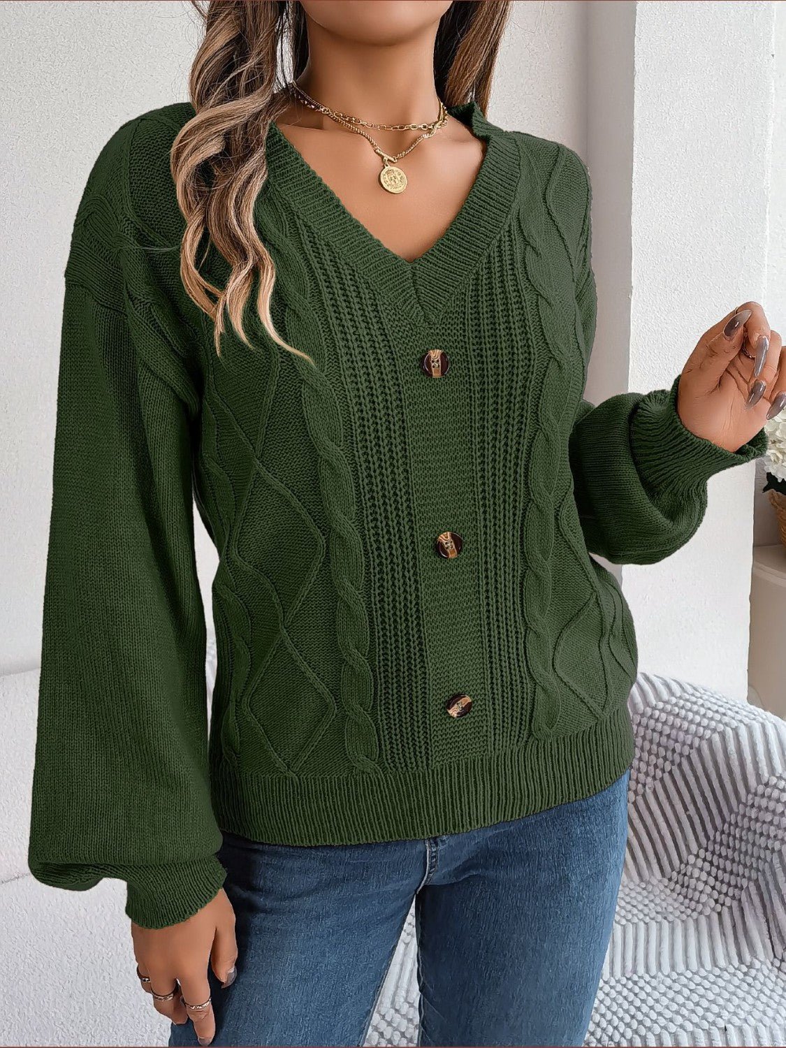 Cable - Knit Buttoned V - Neck Sweater | Trending Chic NZ