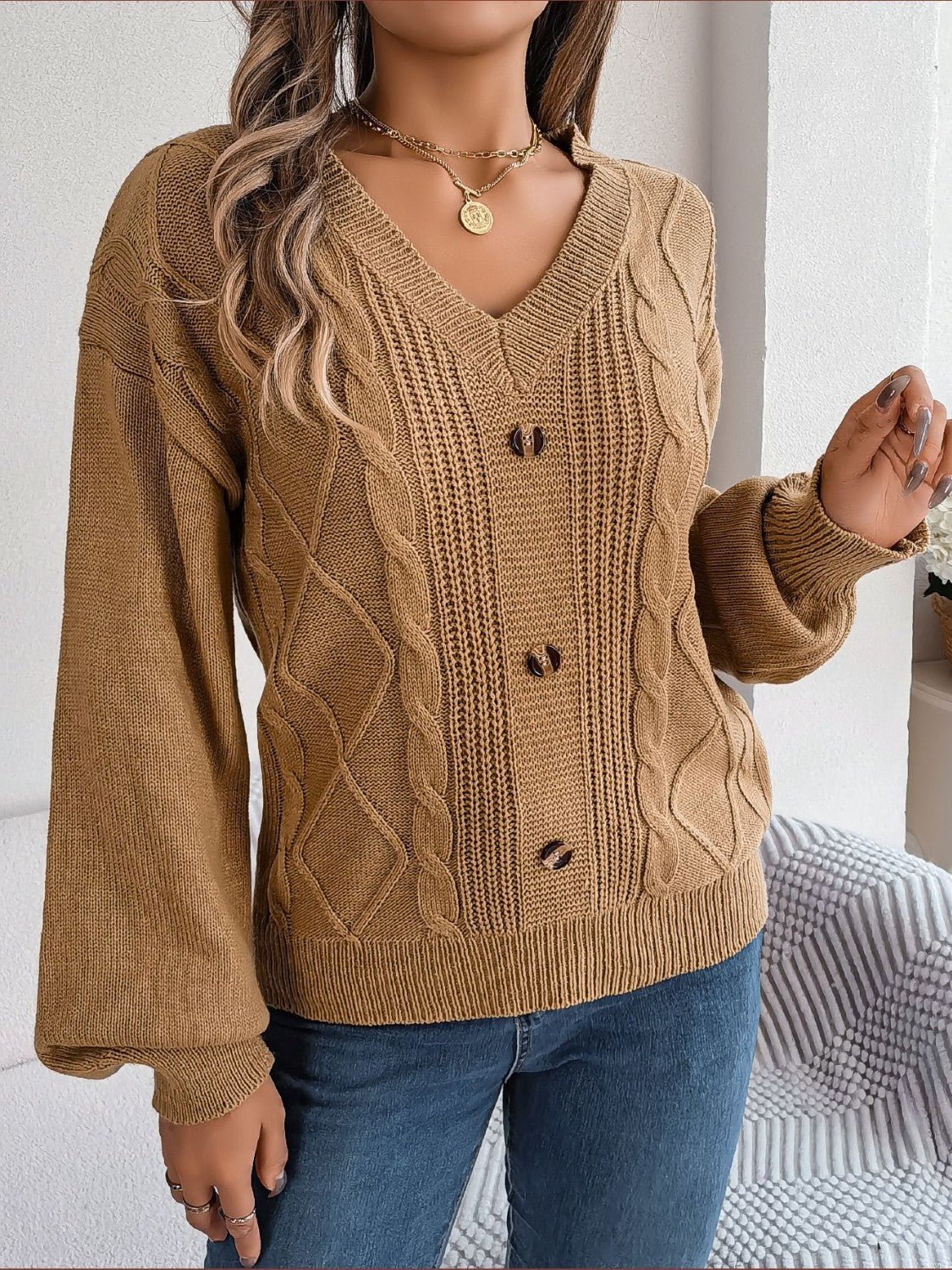 Cable - Knit Buttoned V - Neck Sweater | Trending Chic NZ