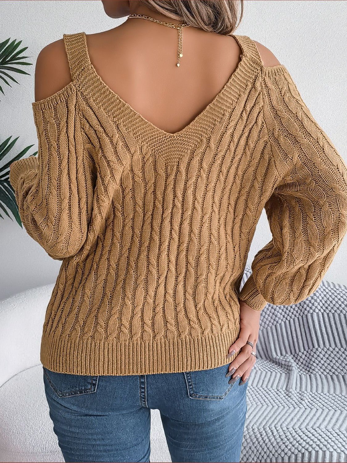 Cable - Knit Cold Shoulder Long Sleeve Sweater | Trending Chic NZ