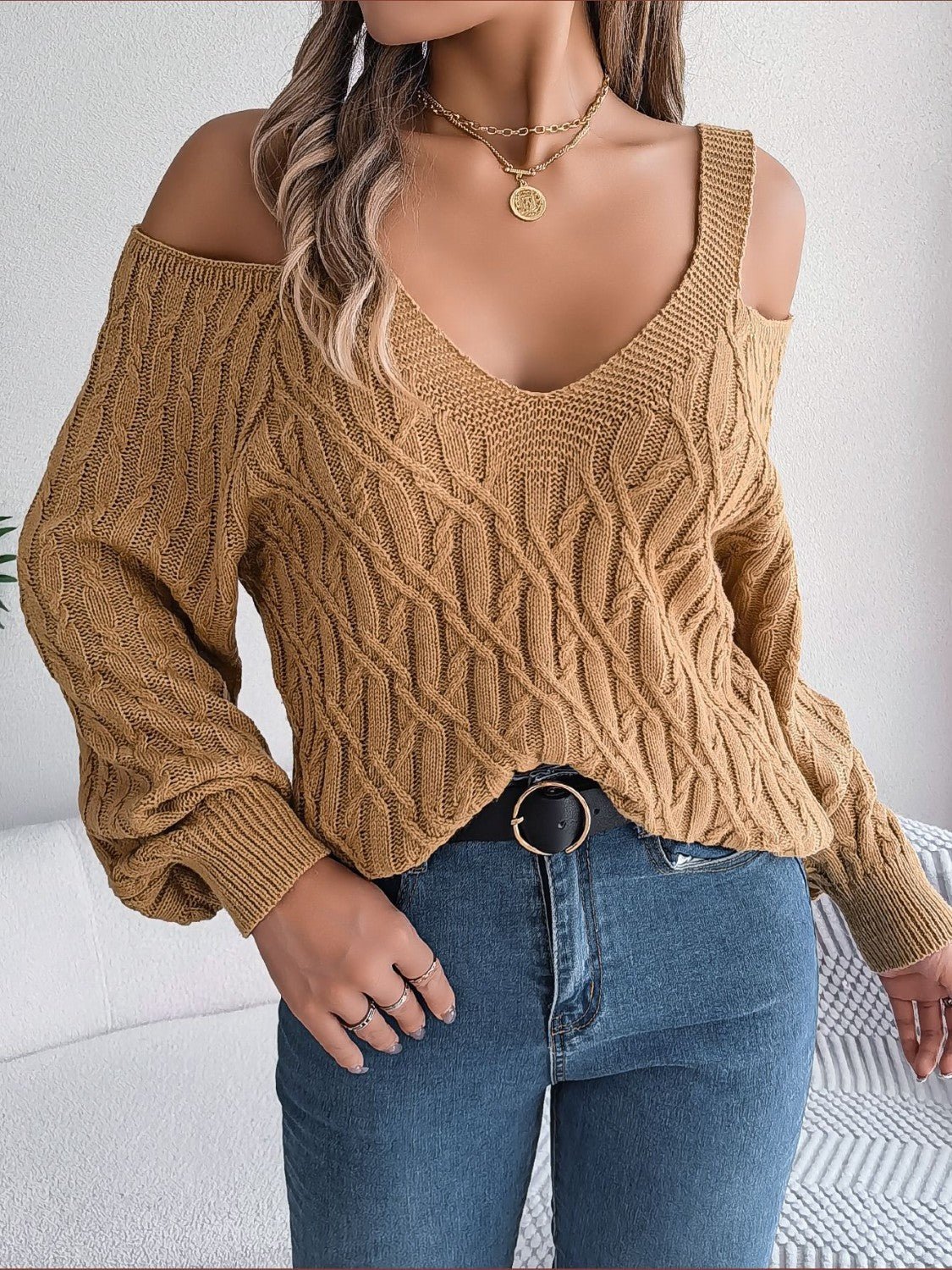 Cable - Knit Cold Shoulder Long Sleeve Sweater | Trending Chic NZ