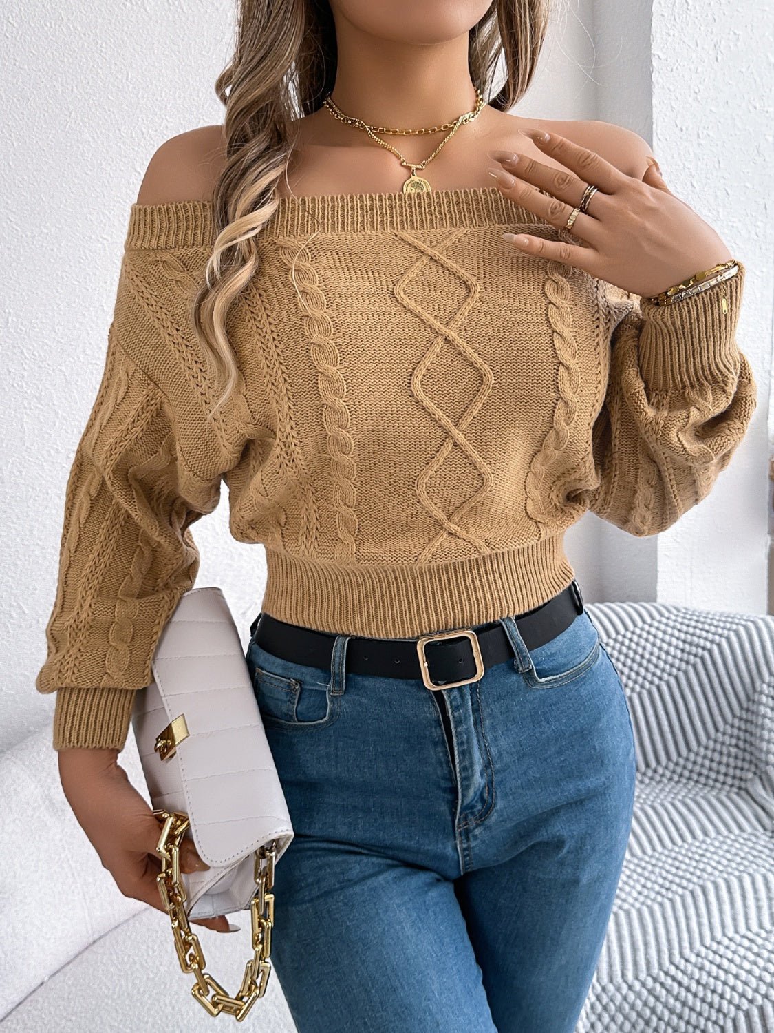 Cable Knit Off - Shoulder Long Sleeve Sweater | Trending Chic NZ