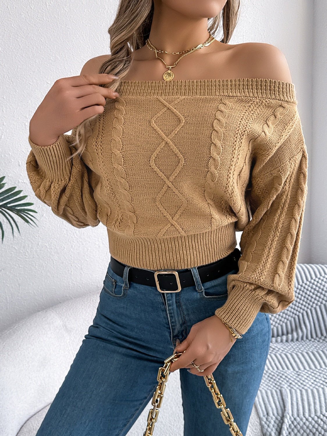 Cable Knit Off - Shoulder Long Sleeve Sweater | Trending Chic NZ