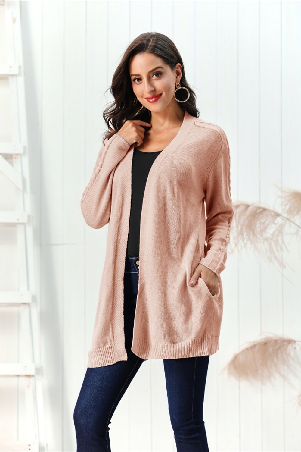 Cable - Knit Open Front Long Sleeve Cardigan | Trending Chic NZ