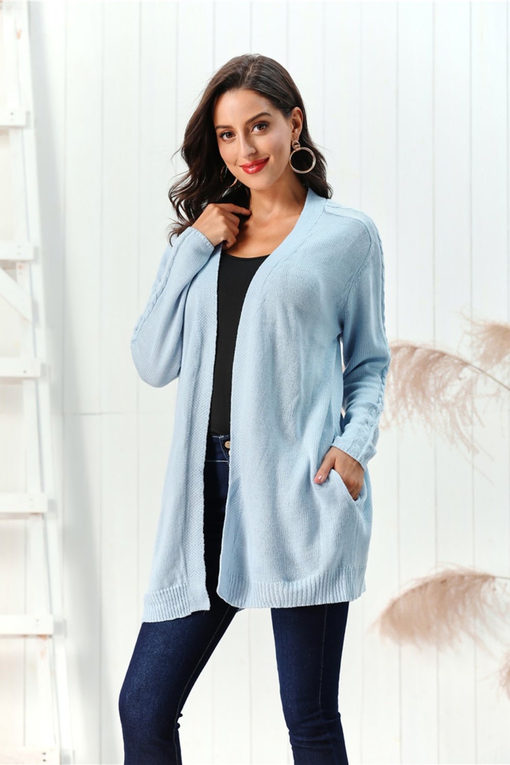 Cable - Knit Open Front Long Sleeve Cardigan | Trending Chic NZ