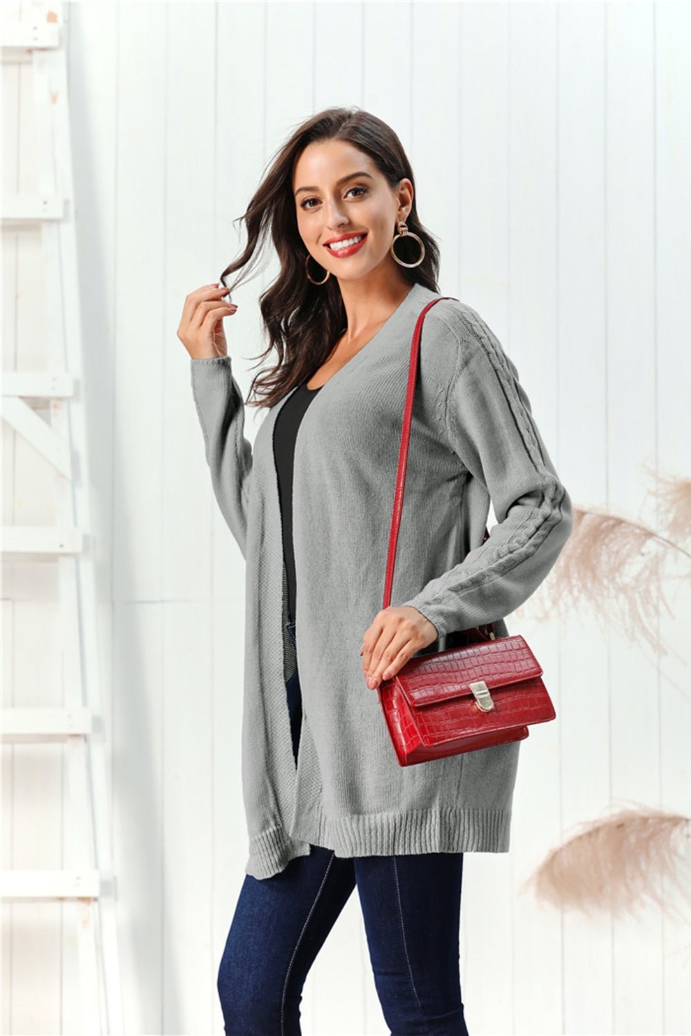 Cable - Knit Open Front Long Sleeve Cardigan | Trending Chic NZ