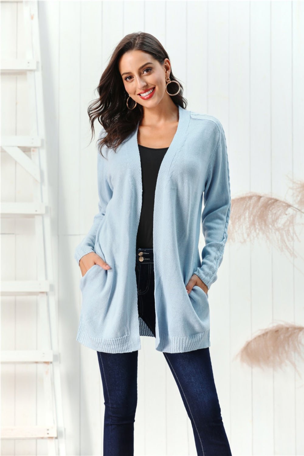 Cable - Knit Open Front Long Sleeve Cardigan | Trending Chic NZ