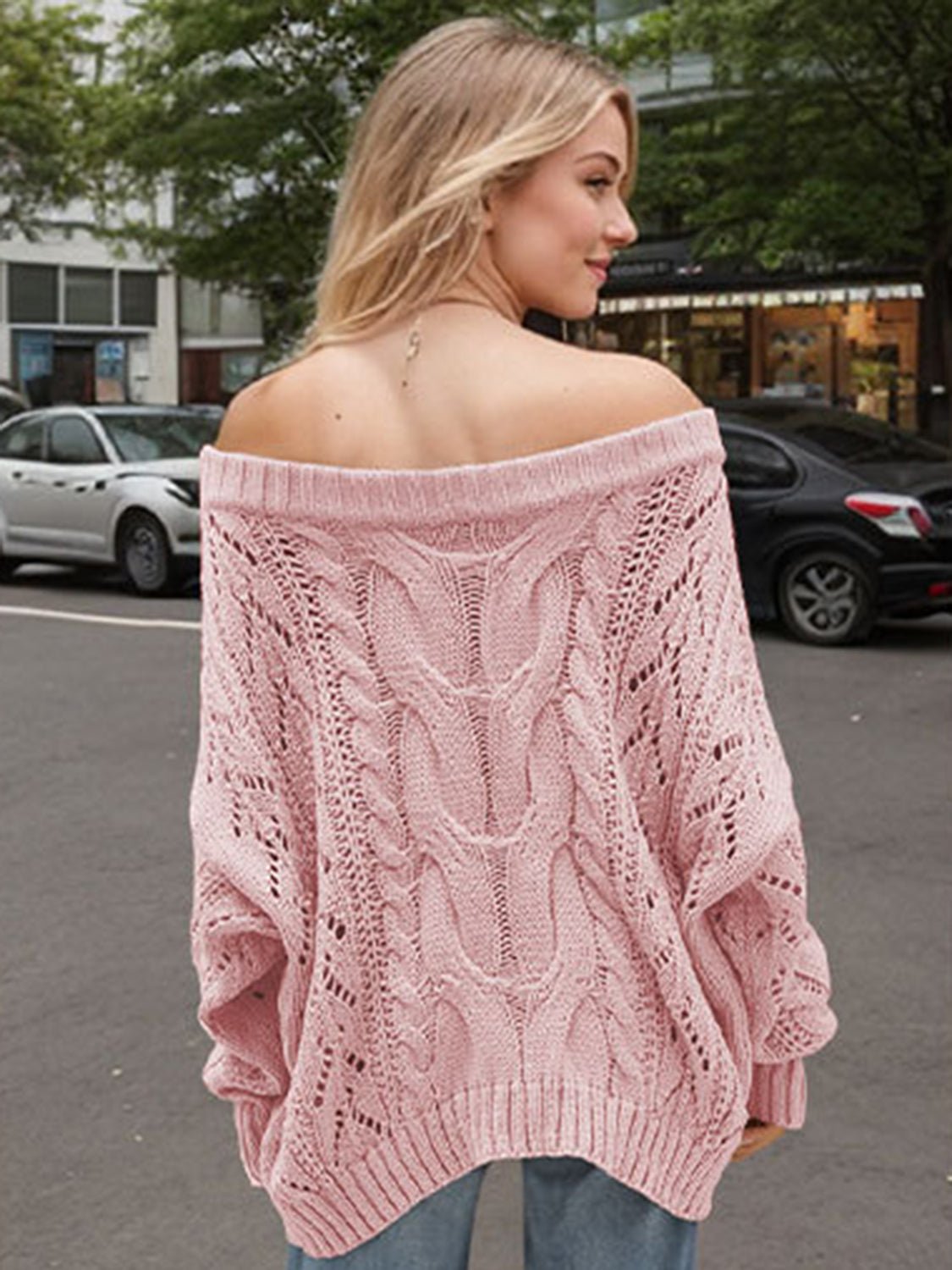 Cable Knit Openwork Off - Shoulder Sweater | Trending Chic NZ