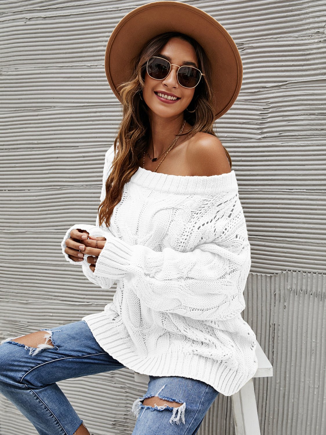 Cable Knit Openwork Off - Shoulder Sweater | Trending Chic NZ