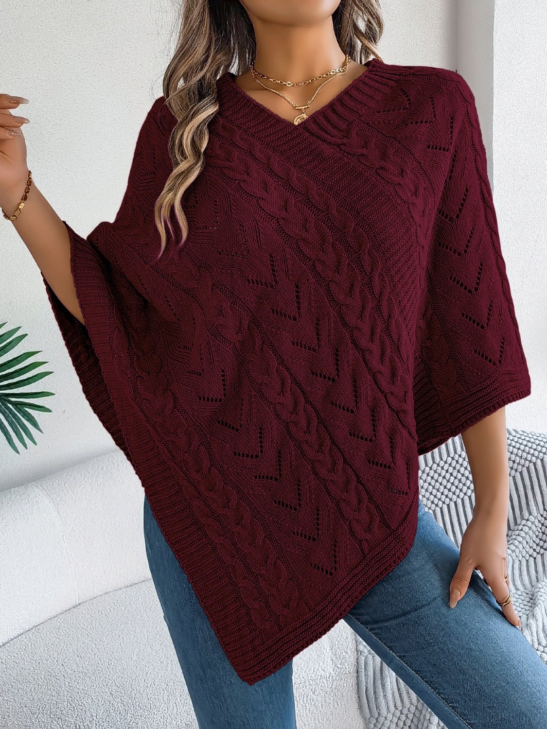 Cable - Knit Openwork Three - Quarter Sleeve Sweater | Trending Chic NZ