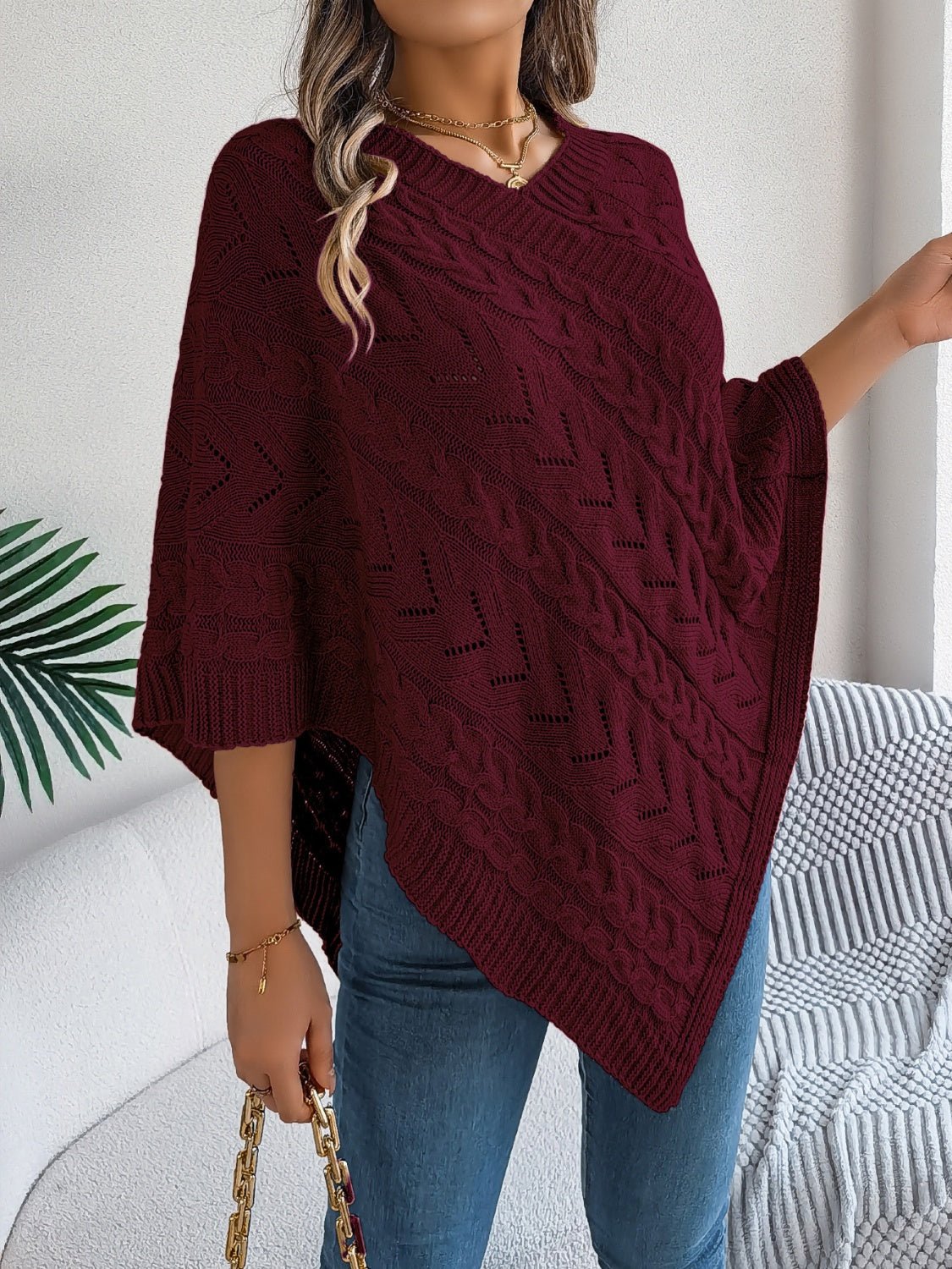 Cable - Knit Openwork Three - Quarter Sleeve Sweater | Trending Chic NZ