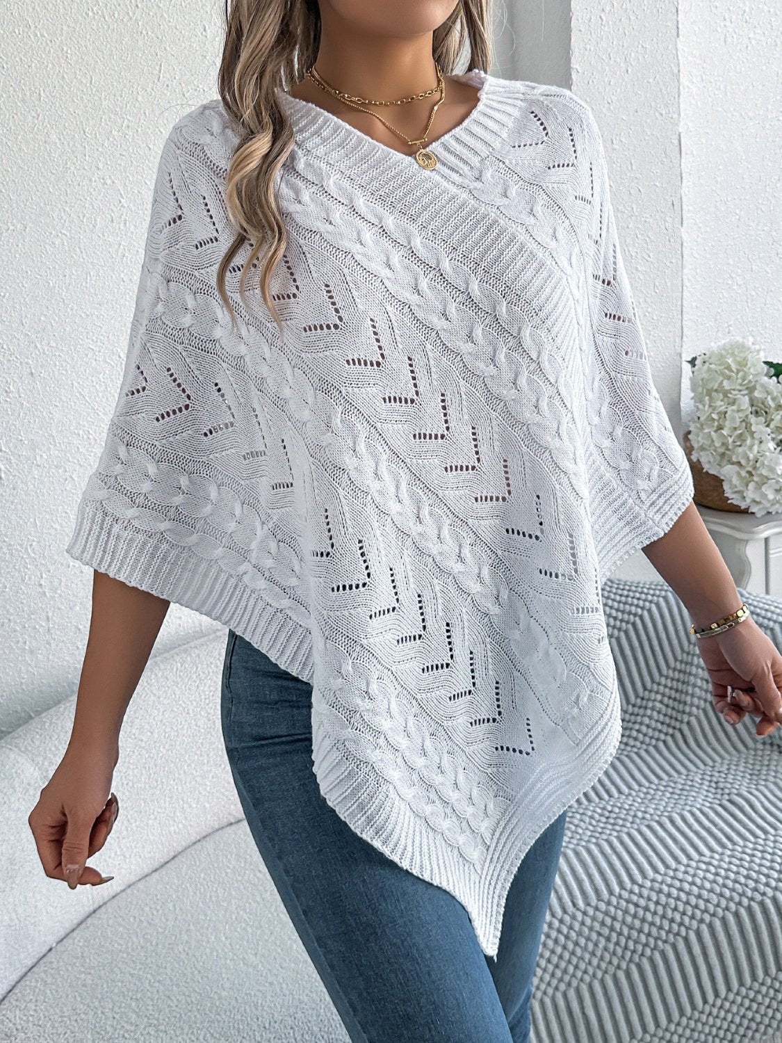 Cable - Knit Openwork Three - Quarter Sleeve Sweater | Trending Chic NZ