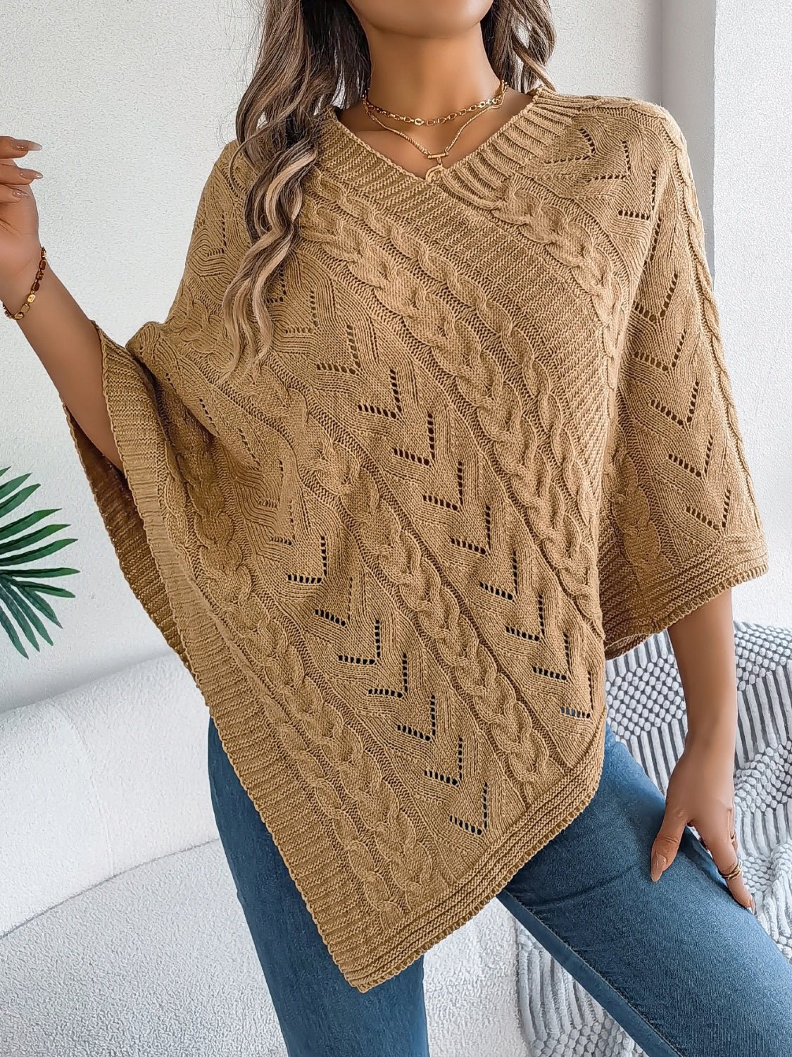 Cable - Knit Openwork Three - Quarter Sleeve Sweater | Trending Chic NZ