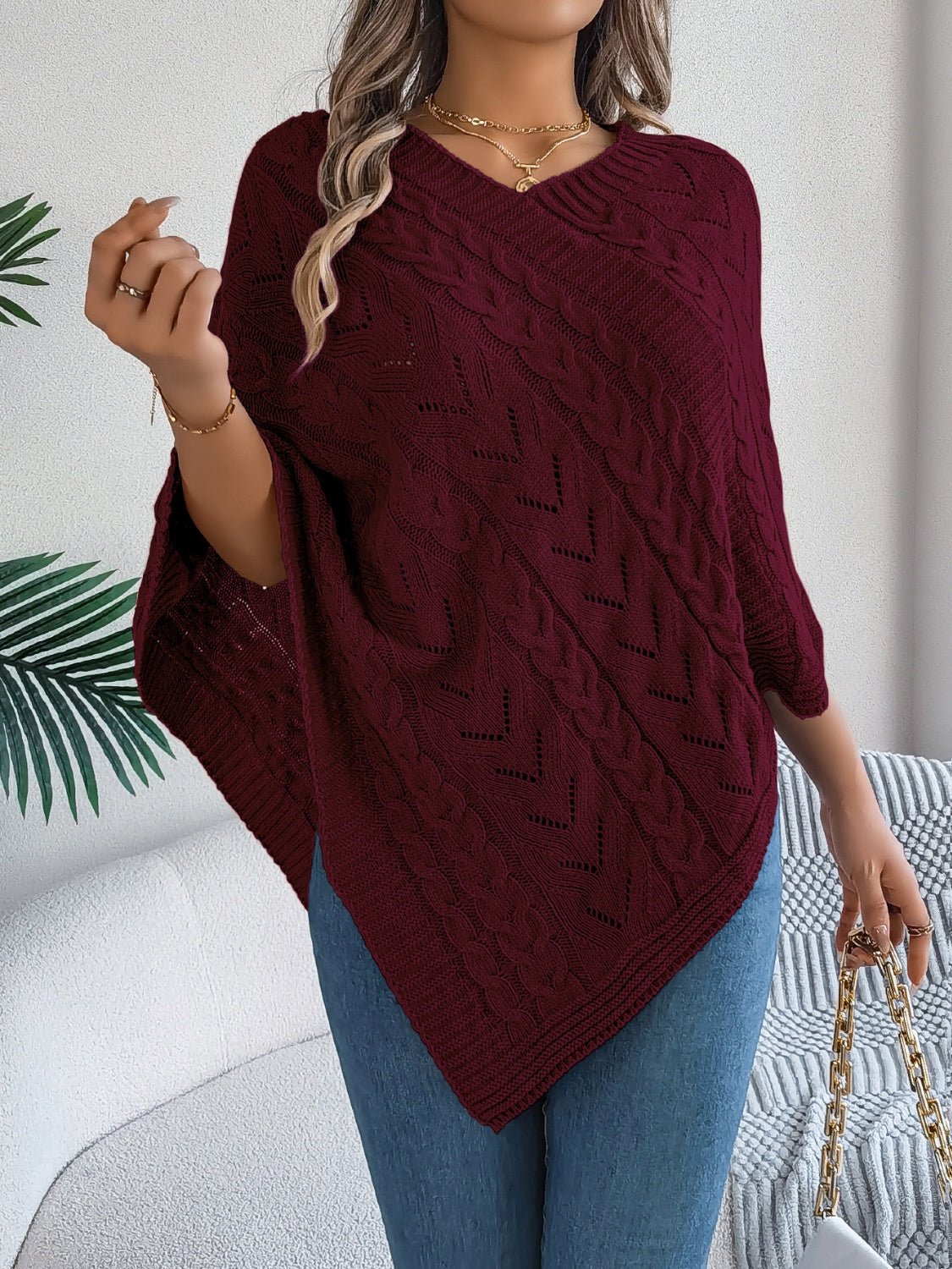 Cable - Knit Openwork Three - Quarter Sleeve Sweater | Trending Chic NZ