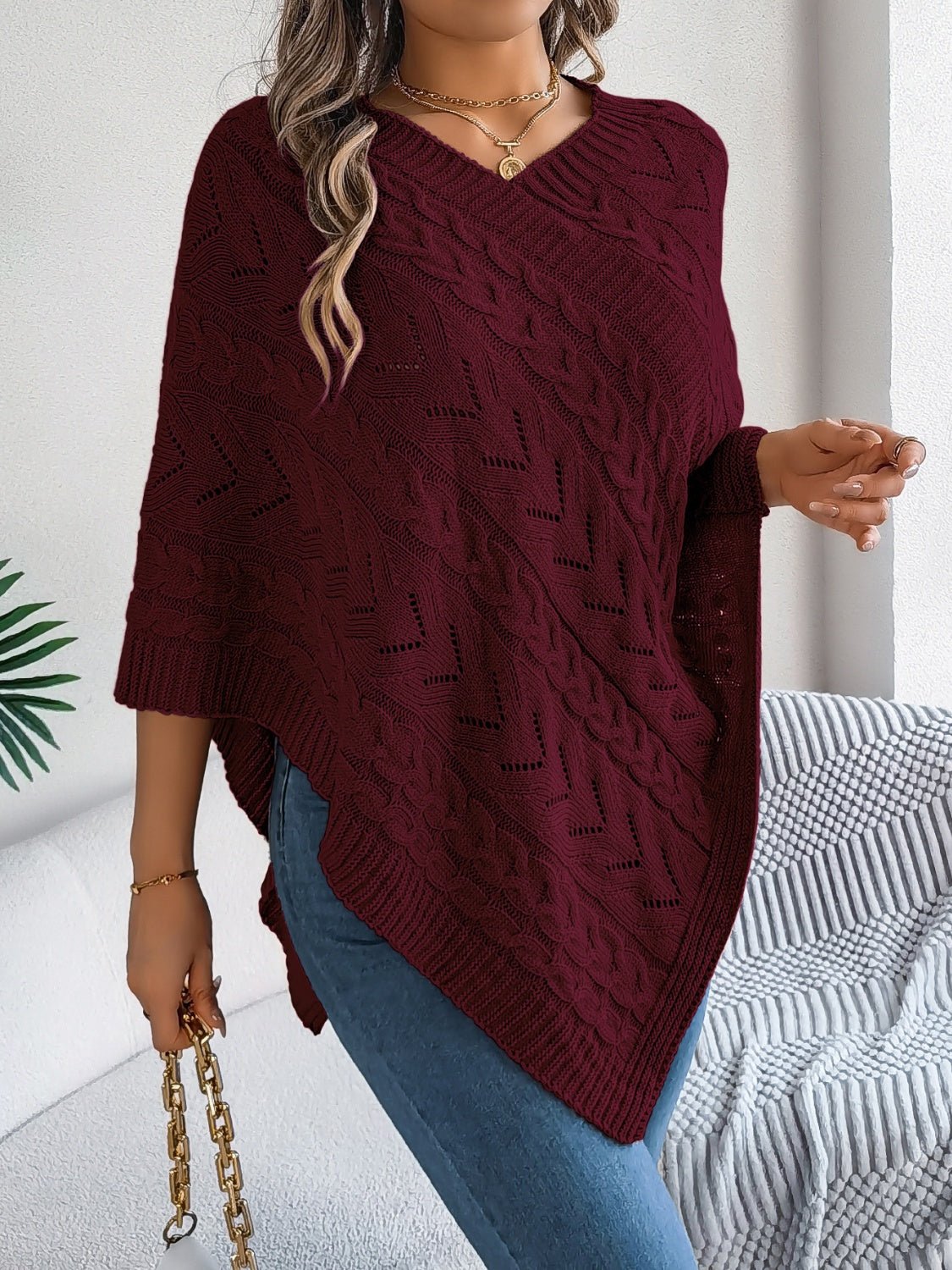 Cable - Knit Openwork Three - Quarter Sleeve Sweater | Trending Chic NZ