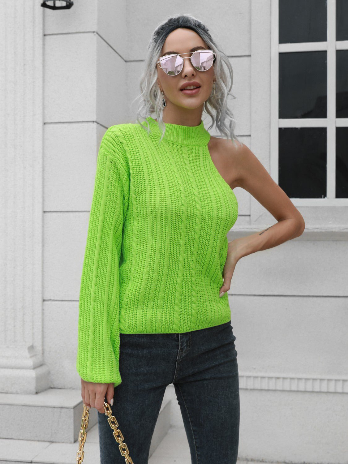 Cable - Knit Round Neck Asymmetrical Sweater | Trending Chic NZ