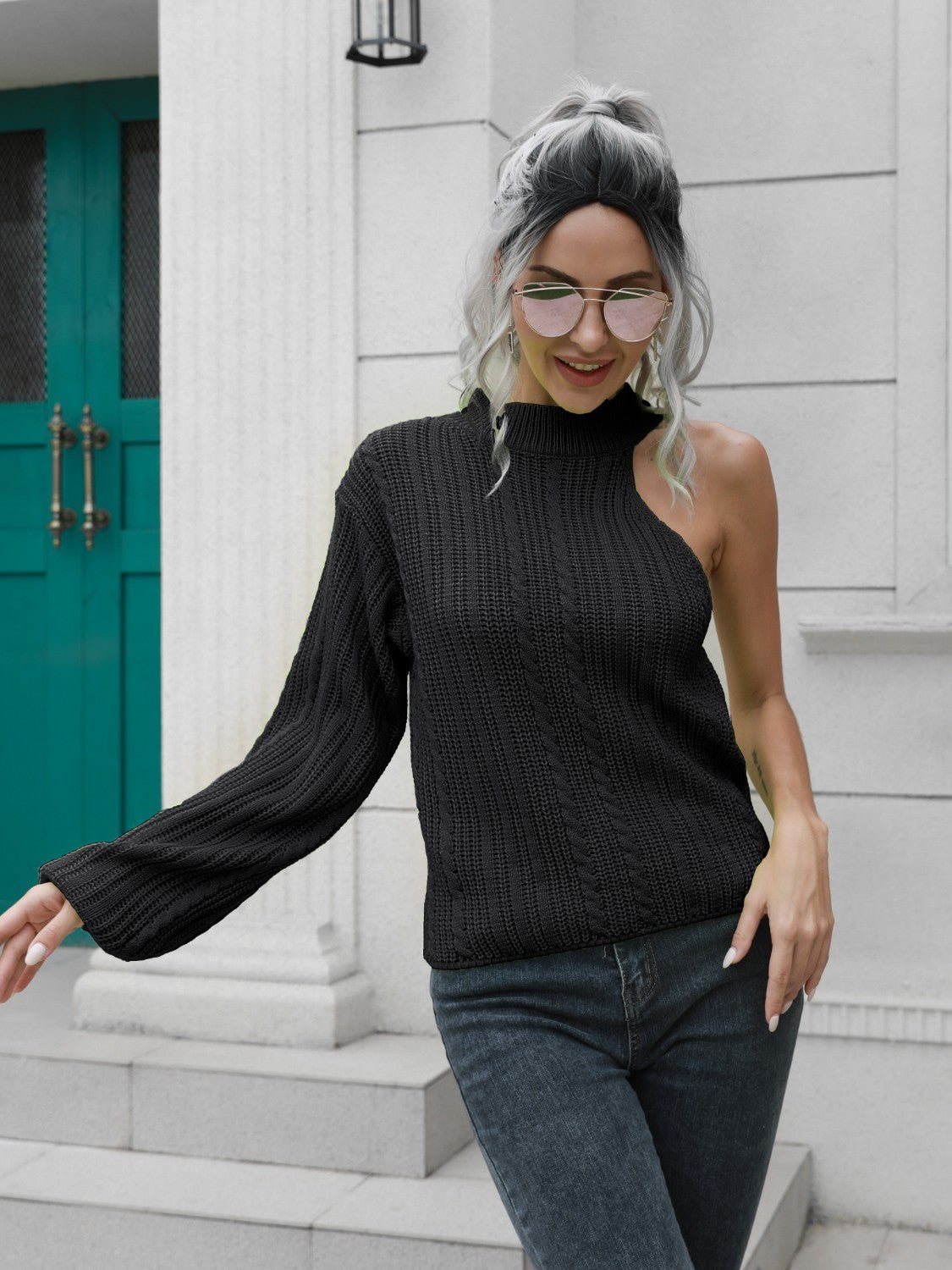 Cable - Knit Round Neck Asymmetrical Sweater | Trending Chic NZ