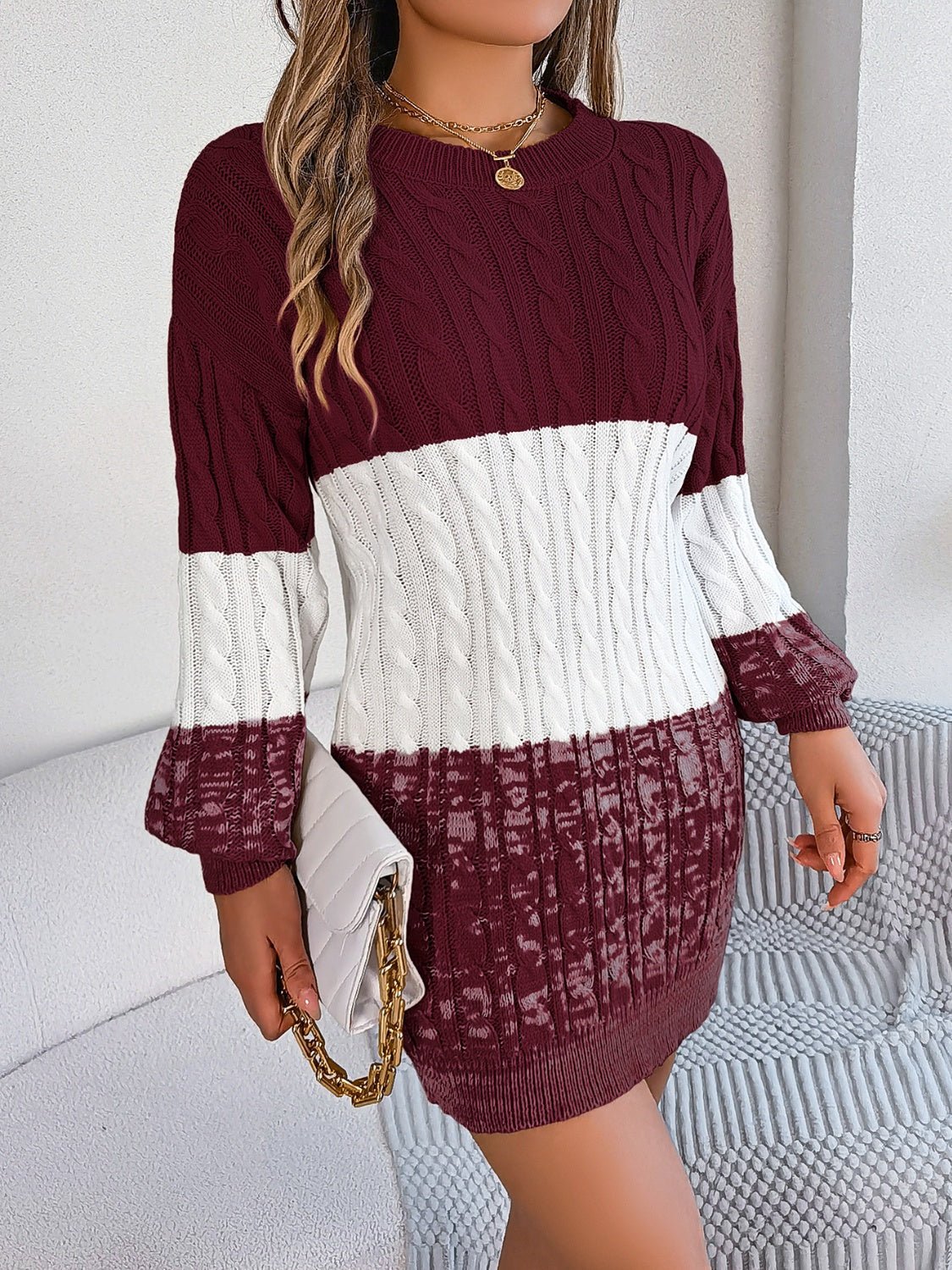 Cable - Knit Round Neck Color Block Sweater Dress | Trending Chic NZ