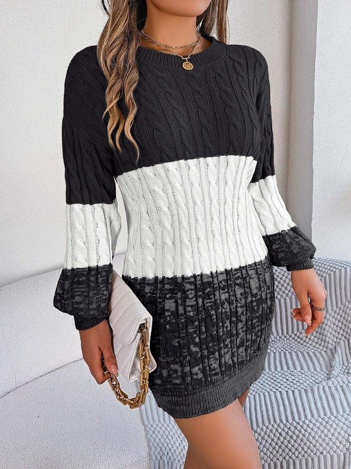 Cable - Knit Round Neck Color Block Sweater Dress | Trending Chic NZ