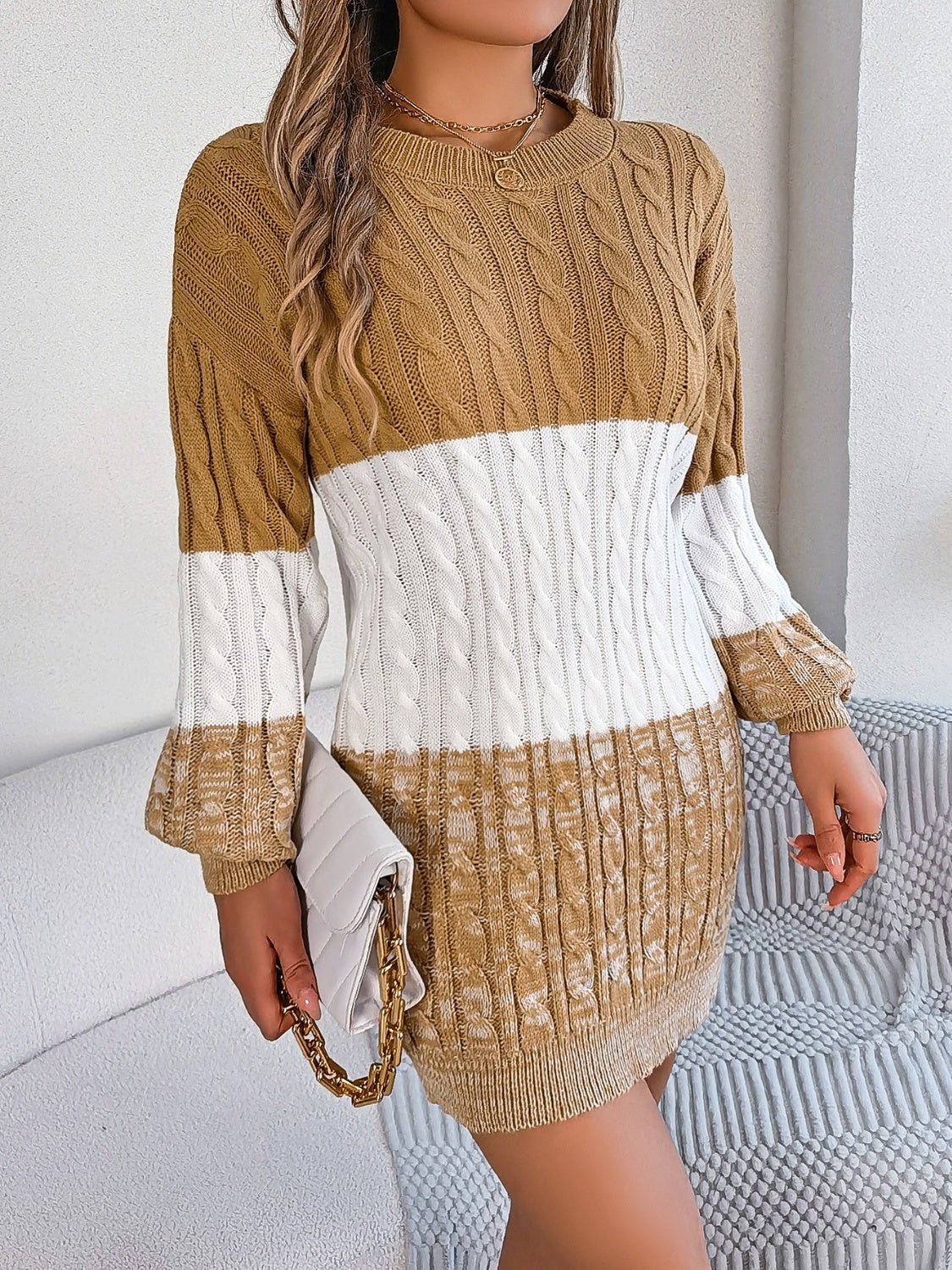 Cable - Knit Round Neck Color Block Sweater Dress | Trending Chic NZ