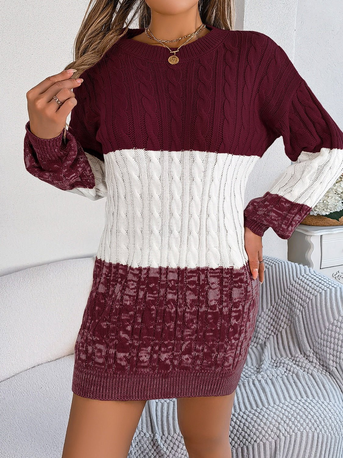 Cable - Knit Round Neck Color Block Sweater Dress | Trending Chic NZ