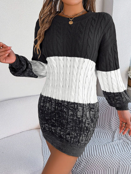 Cable - Knit Round Neck Color Block Sweater Dress | Trending Chic NZ