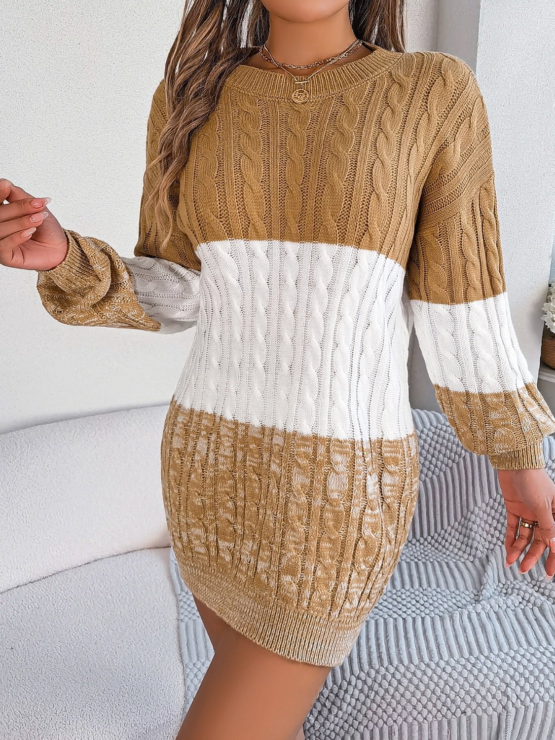 Cable - Knit Round Neck Color Block Sweater Dress | Trending Chic NZ