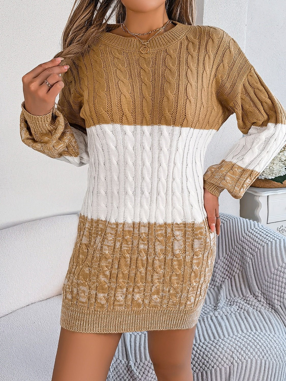 Cable - Knit Round Neck Color Block Sweater Dress | Trending Chic NZ