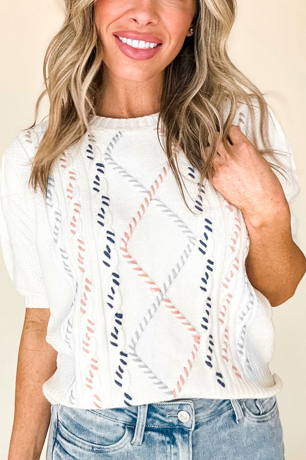 Cable Knit Round Neck Half Sleeve Sweater | Trending Chic NZ