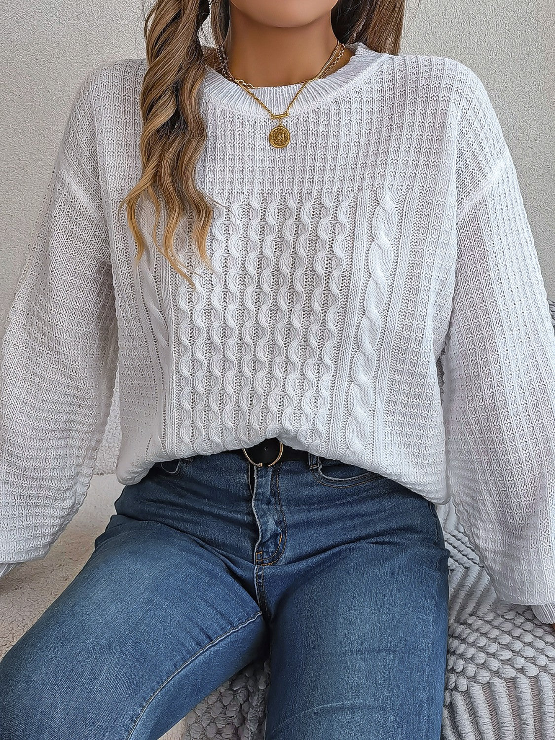 Cable - Knit Round Neck Long Sleeve Sweater | Trending Chic NZ