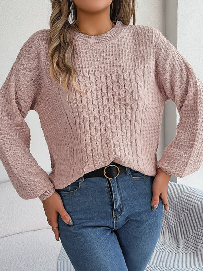 Cable - Knit Round Neck Long Sleeve Sweater | Trending Chic NZ