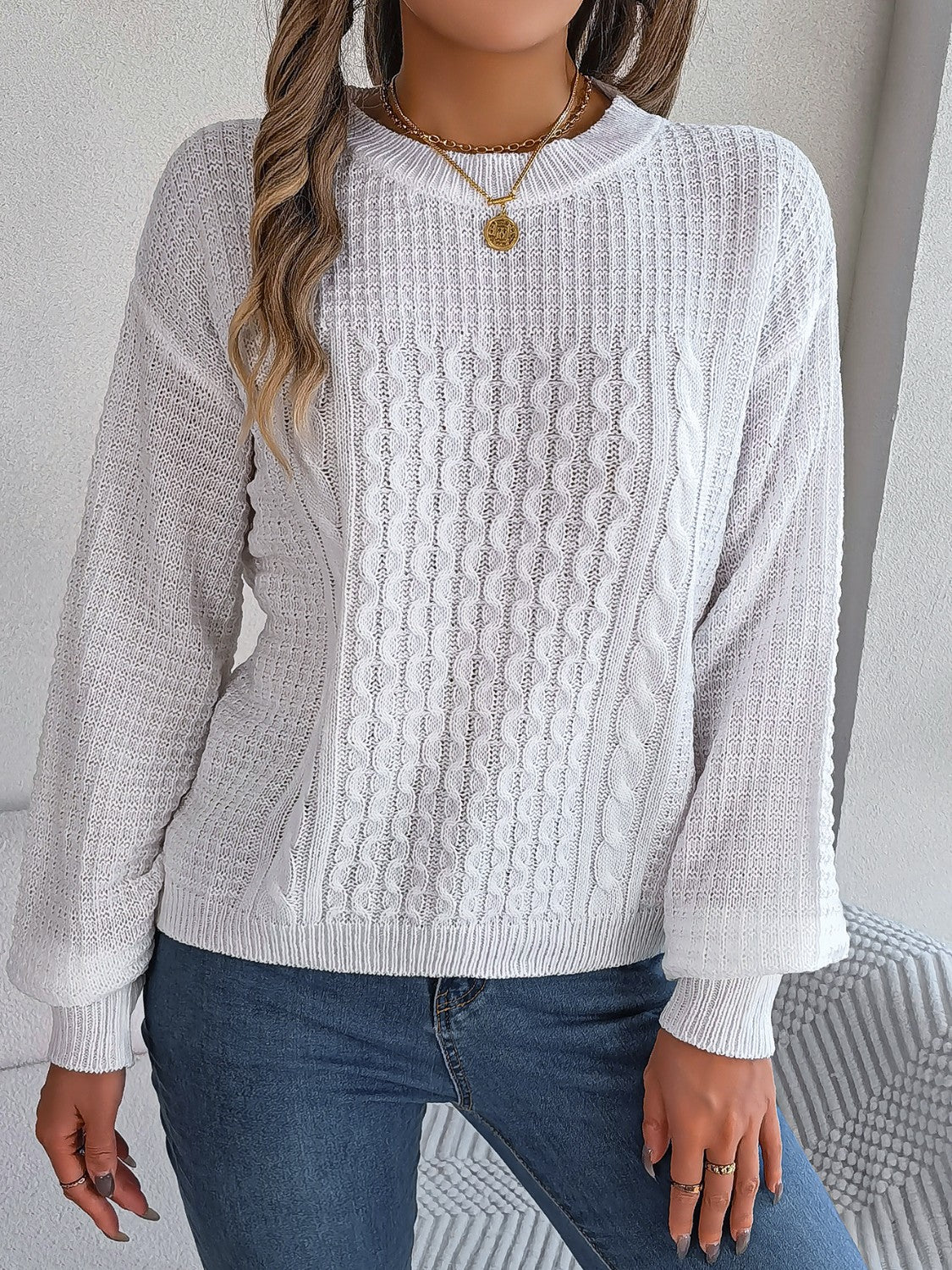 Cable - Knit Round Neck Long Sleeve Sweater | Trending Chic NZ