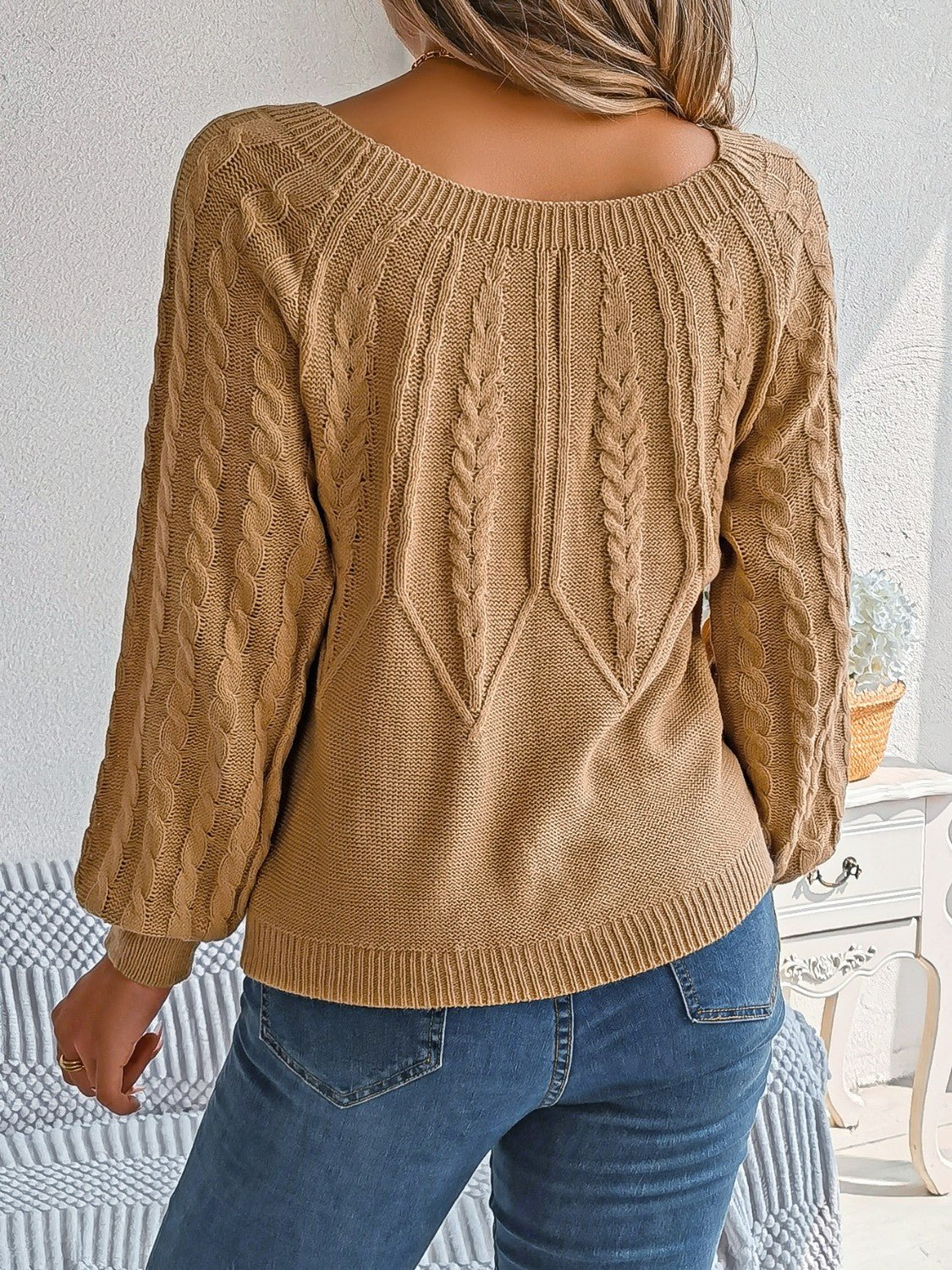 Cable - Knit Round Neck Long Sleeve Sweater | Trending Chic NZ