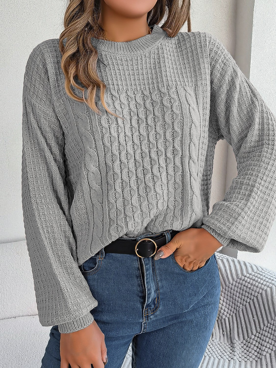 Cable - Knit Round Neck Long Sleeve Sweater | Trending Chic NZ