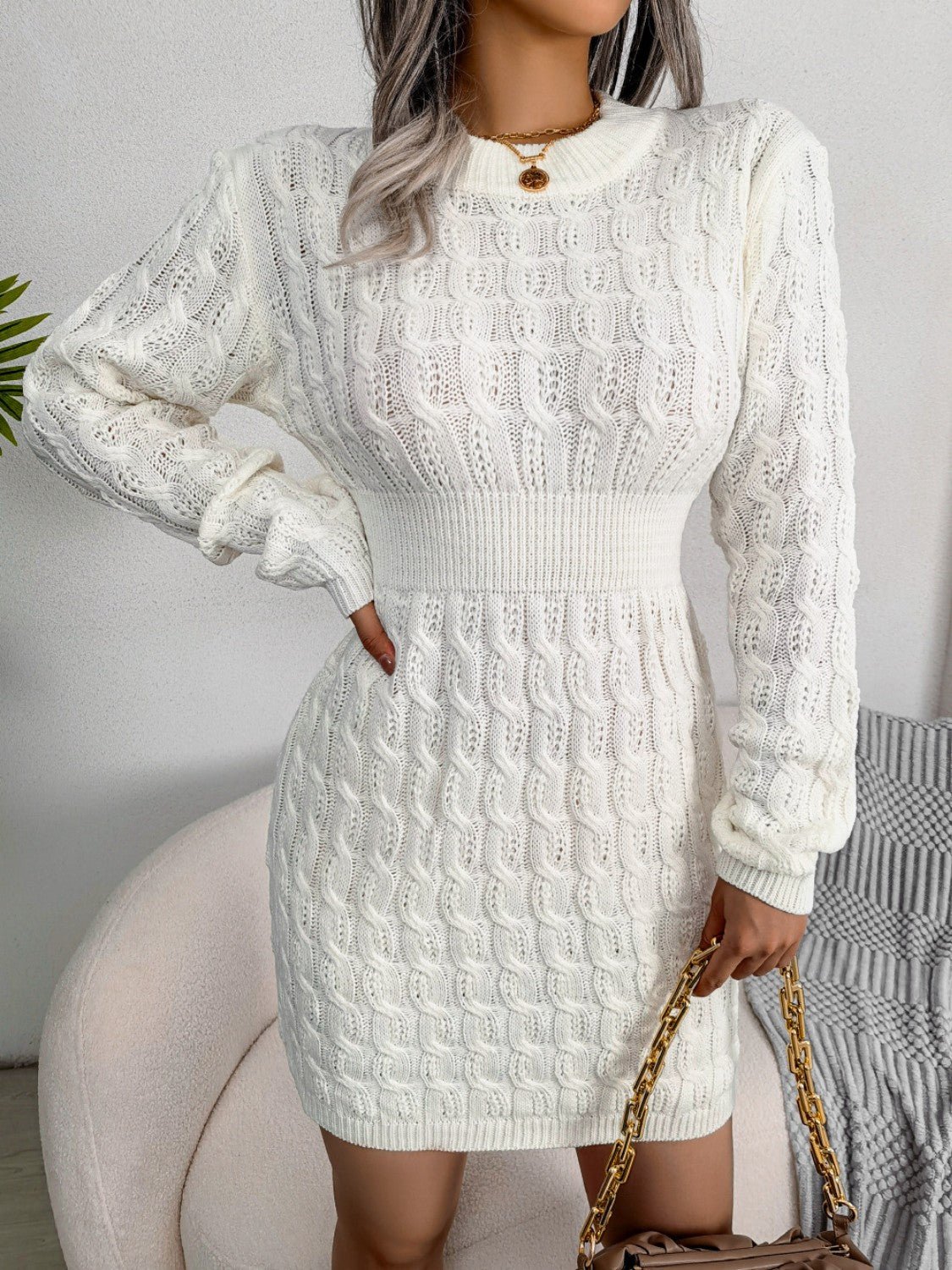 Cable - Knit Round Neck Mini Wrap Sweater Dress | Trending Chic NZ