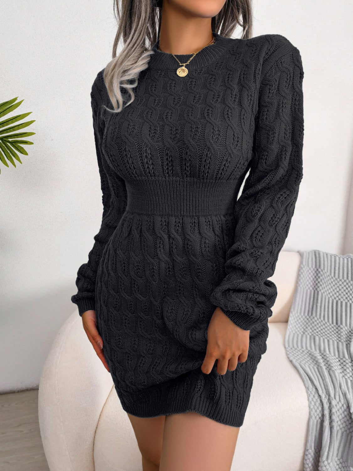 Cable - Knit Round Neck Mini Wrap Sweater Dress | Trending Chic NZ