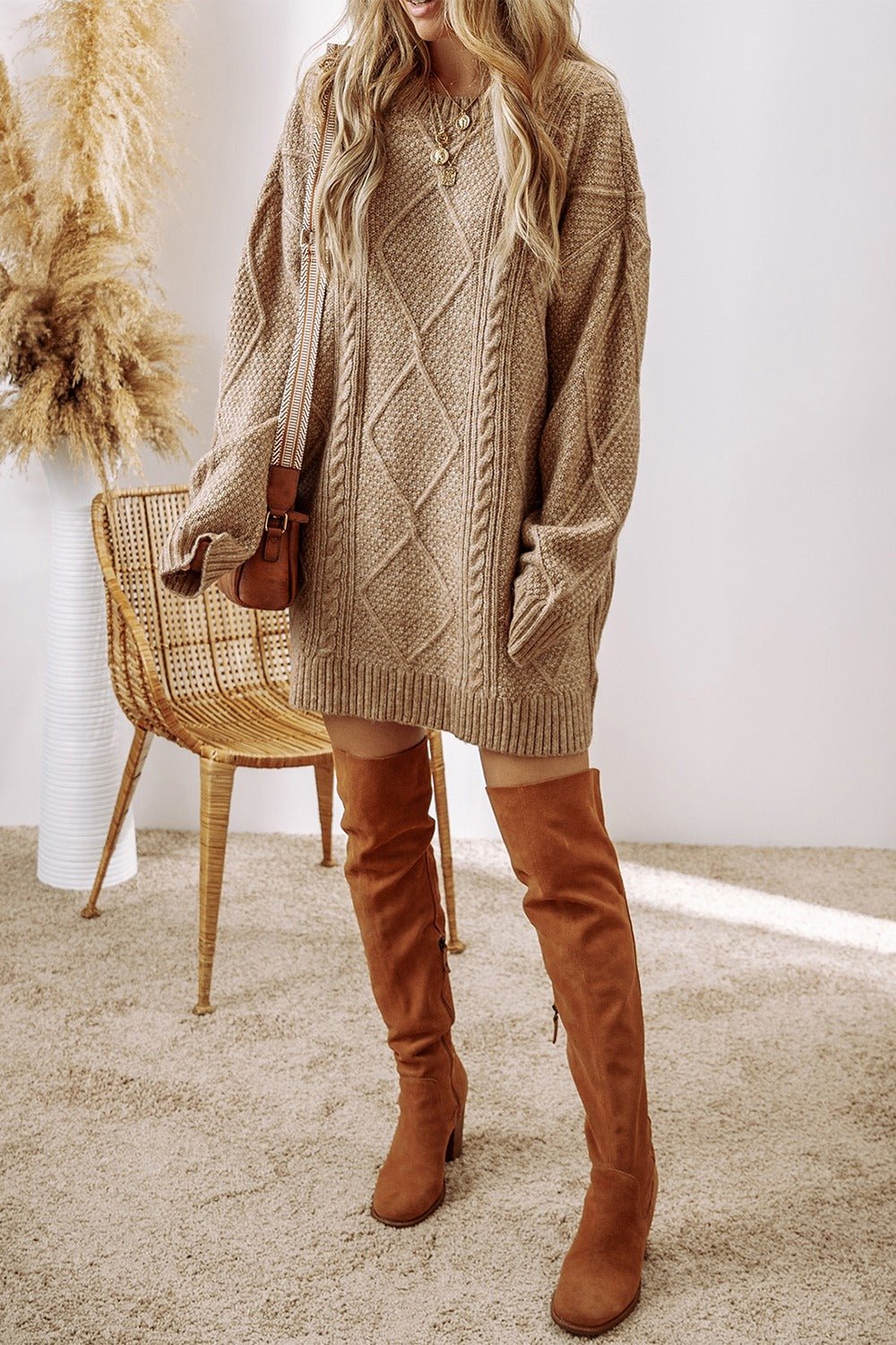 Cable - Knit Round Neck Sweater Dress | Trending Chic NZ