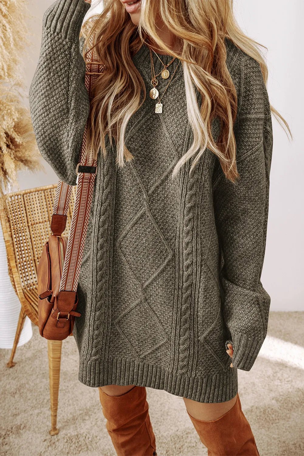 Cable - Knit Round Neck Sweater Dress | Trending Chic NZ