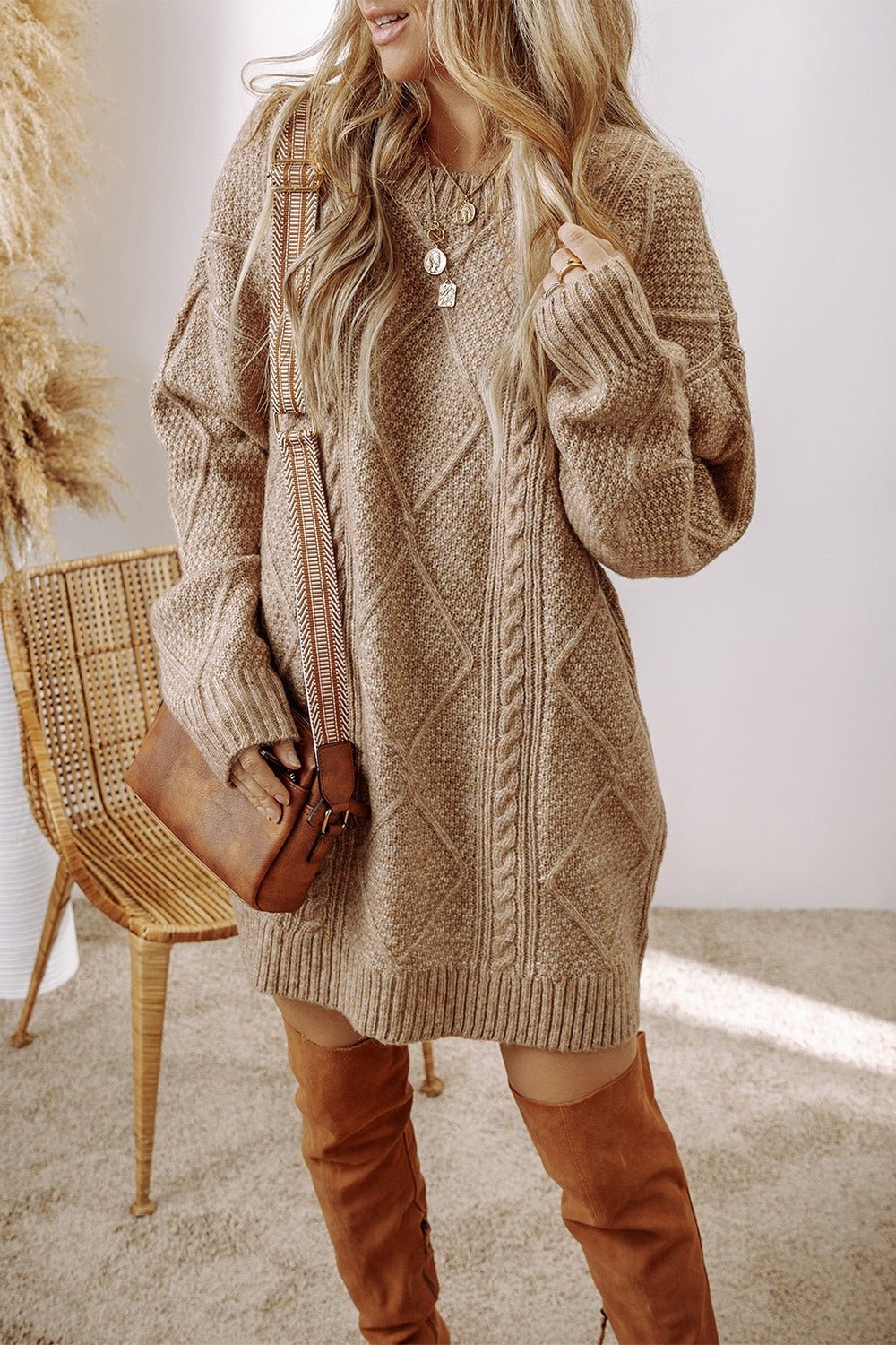 Cable - Knit Round Neck Sweater Dress | Trending Chic NZ