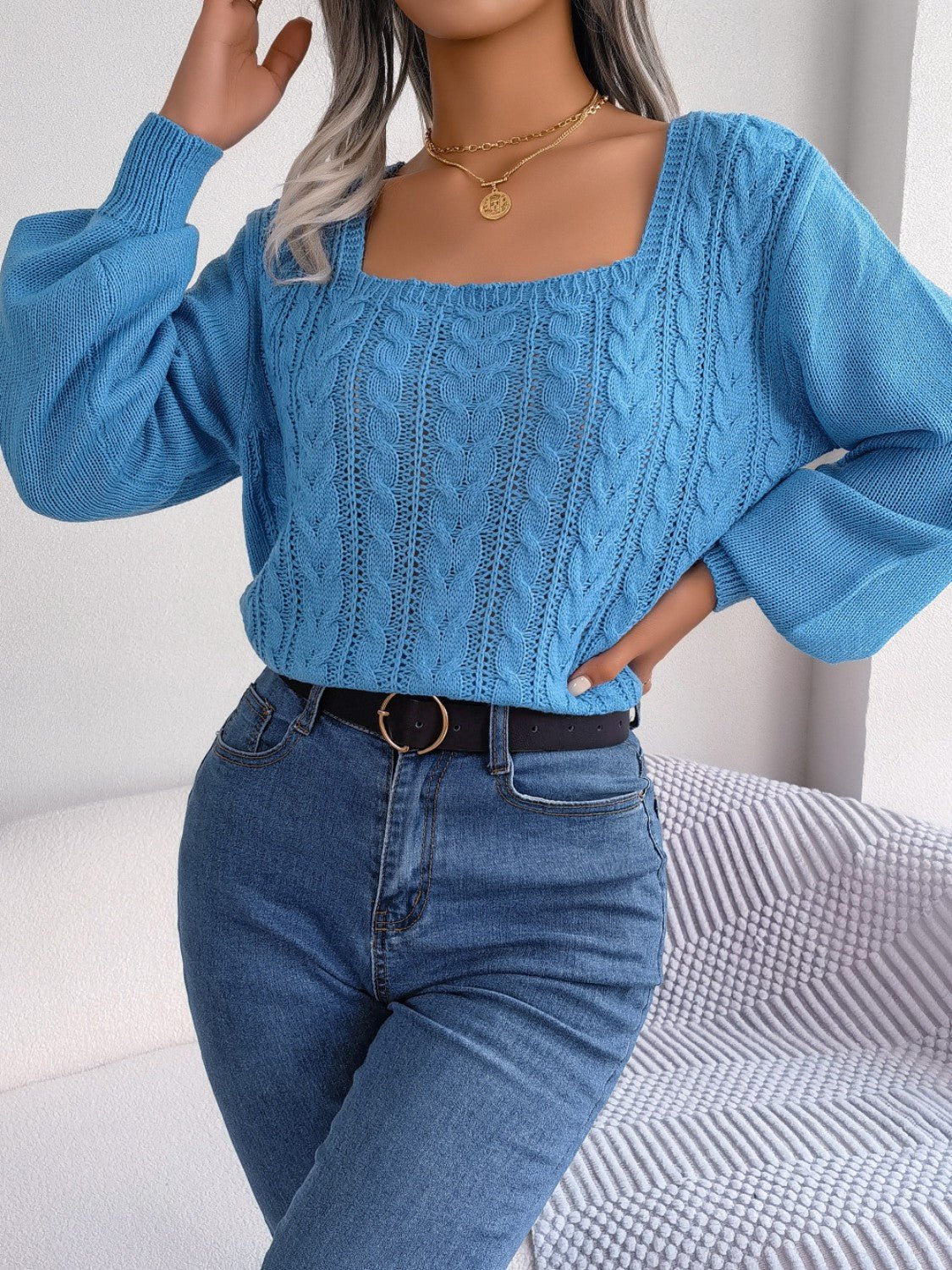 Cable - Knit Square Neck Long Sleeve Sweater | Trending Chic NZ