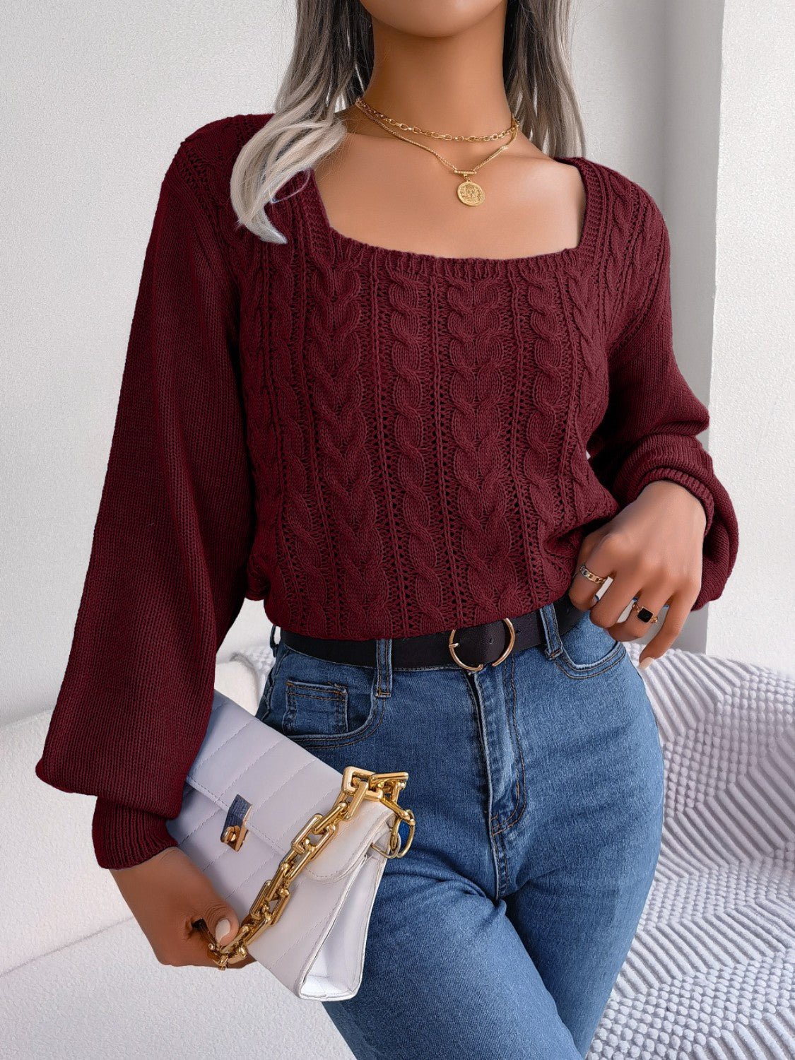 Cable - Knit Square Neck Long Sleeve Sweater | Trending Chic NZ